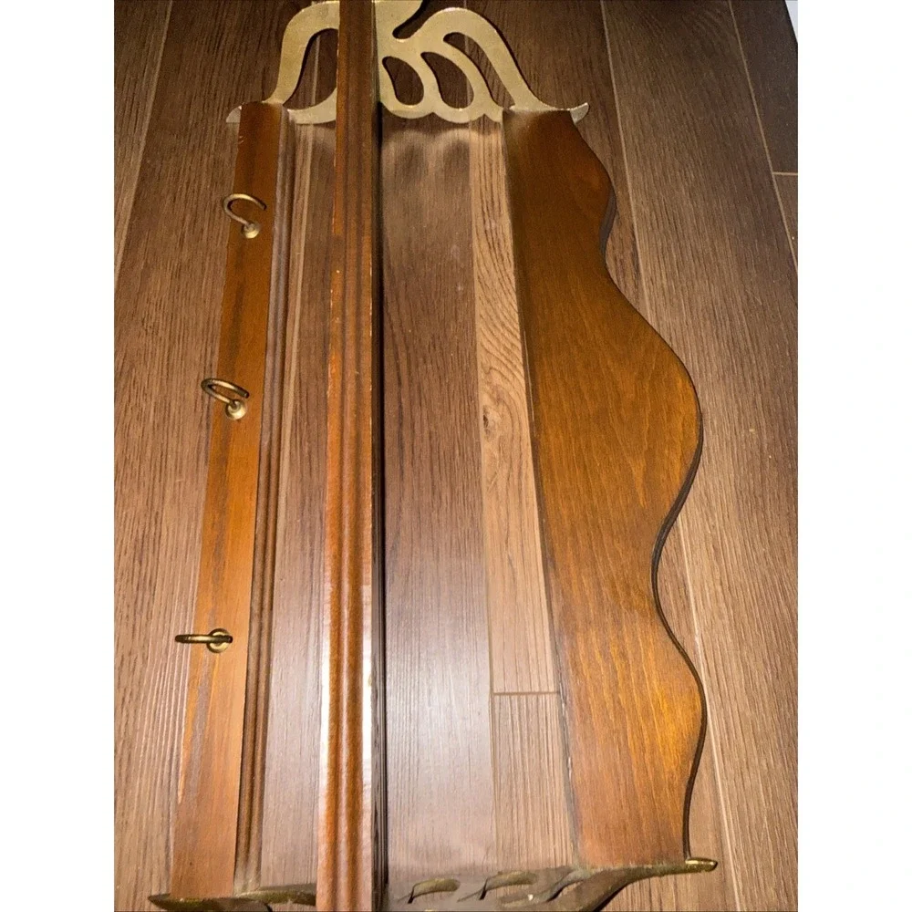 Antique MCM Brass Wood Swan Wall Mount Shelf Coat Rack 3 Hook Rare Style 21